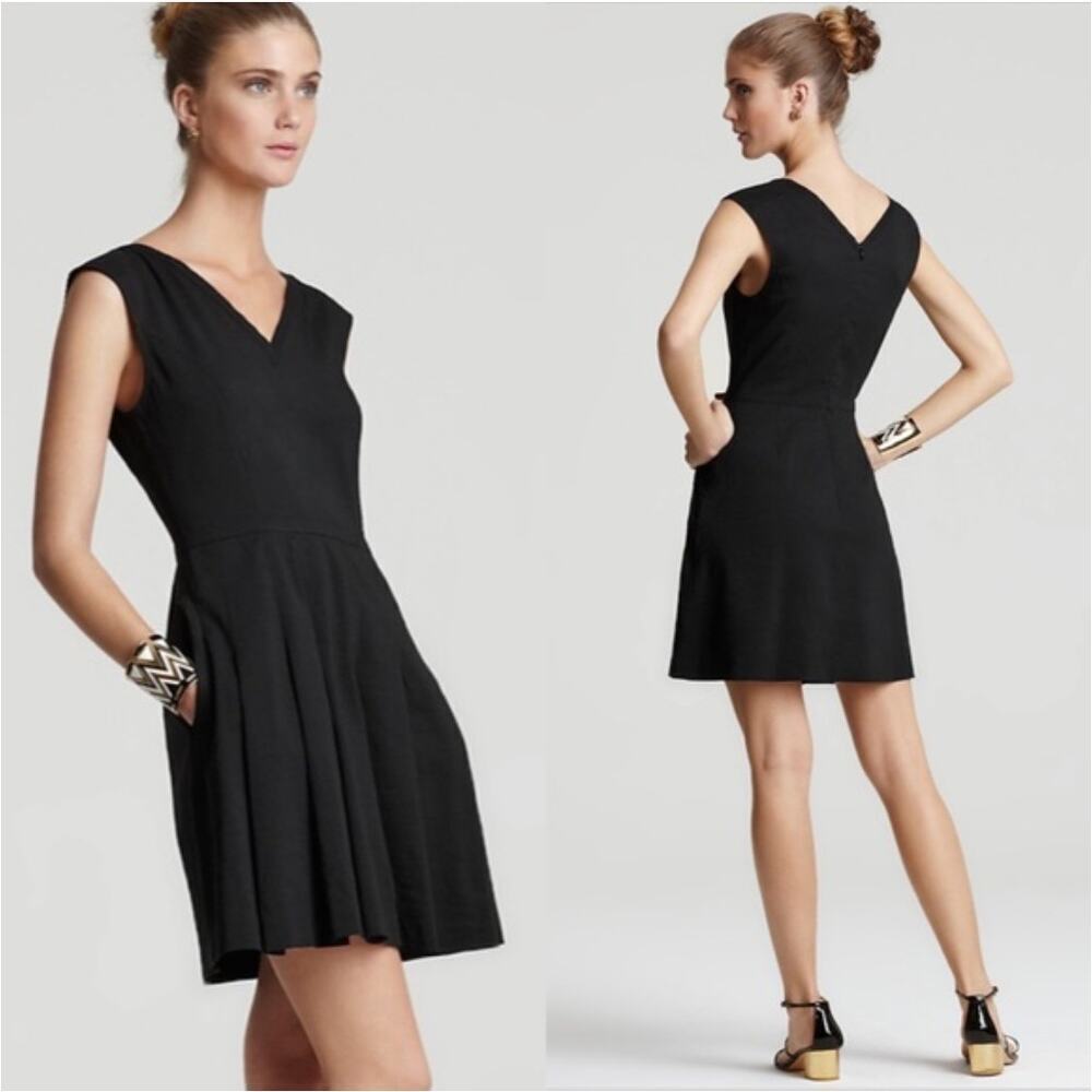Theory Black V-Neck Sleeveless Linen Blend Narida Crunch Mini Flare Dress Size 6